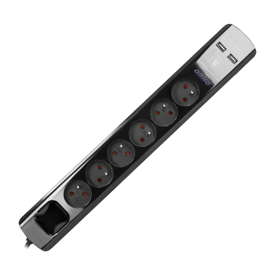 Power strip with surge protection and main switch, 6 sockets 2P+E, 2 USB chargers 2.1A., cable 3x1mm², 3m long, black