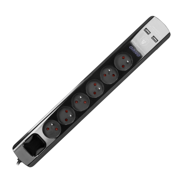 Power strip with surge protection and main switch, 6 sockets 2P+E, 2 USB chargers 2.1A., cable 3x1mm², 3m long, black