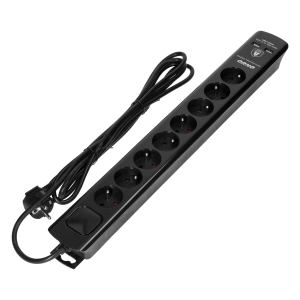 Power strip with surge protection, 8 sockets 2P+E, 3x1.0mm2 cable, 3m long, with a two-way backlit switch, 10A / 230 VAC, surge protector type 3, 2xUSB 2.1A charger, black