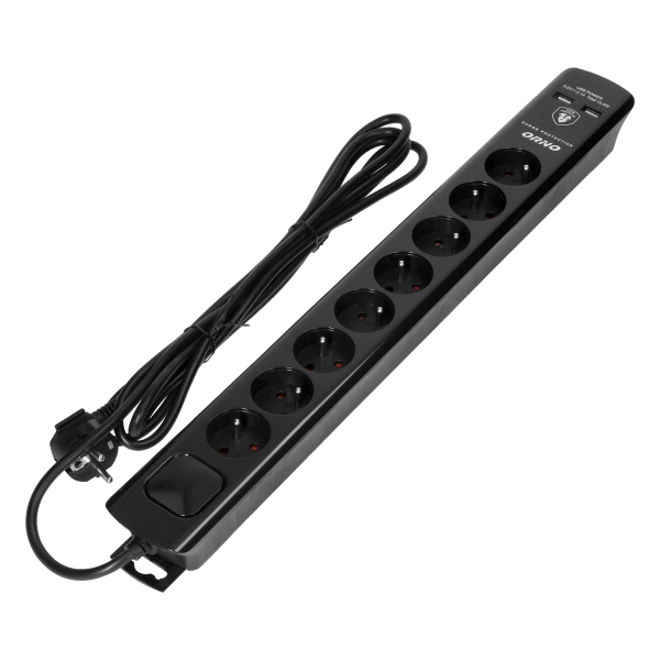 Power strip with surge protection, 8 sockets 2P+E, 3x1.0mm2 cable, 3m long, with a two-way backlit switch, 10A / 230 VAC, surge protector type 3, 2xUSB 2.1A charger, black