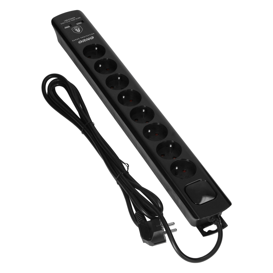 Power strip with surge protection, 8 sockets 2P+E, 3x1.0mm2 cable, 3m long, with a two-way backlit switch, 10A / 230 VAC, surge protector type 3, 2xUSB 2.1A charger, black