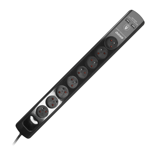 Power strip with surge protection, 8 sockets 2P+E, 3x1.0mm2 cable, 3m long, with a two-way backlit switch, 10A / 230 VAC, surge protector type 3, 2xUSB 2.1A charger, black