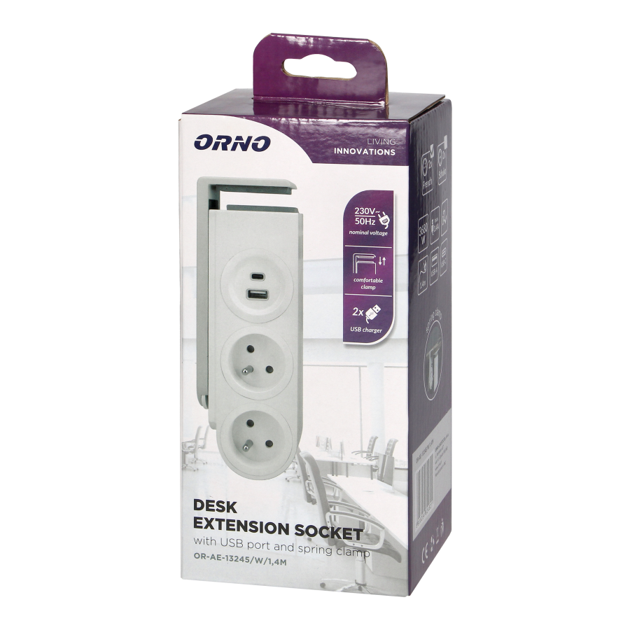 Desk power strip with USB charger and spring clip