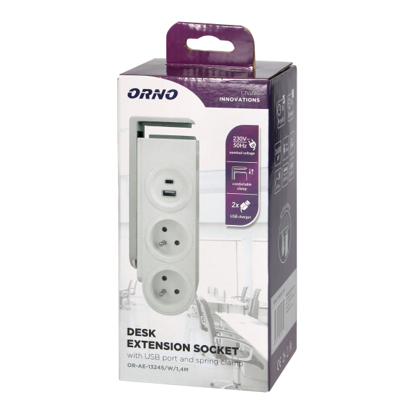 Desk power strip with USB charger and spring clip