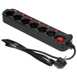 Listwa zasilająca "Multiswitch", 6 gniazd 2P+Z (Schuko), kabel 3x1,0mm², długość 1,5m. Wyłącznik termiczny. 10A/230 VAC, czarny