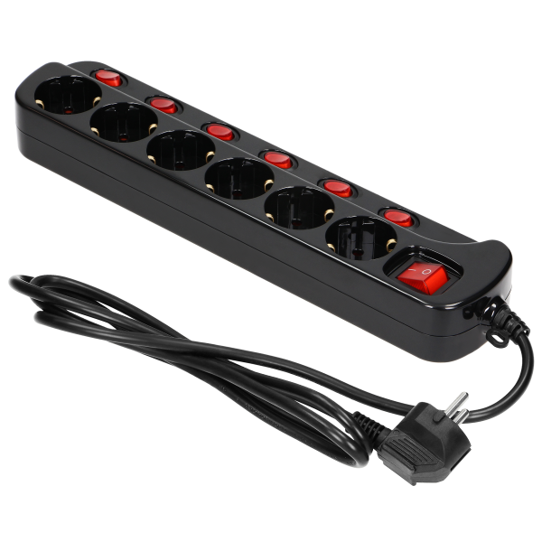 Multiswitch power strip with 6 2P+E sockets (Schuko type), cable 3x1mm², 1.5m long. Thermal protection switch, 10A/230 VAC, black