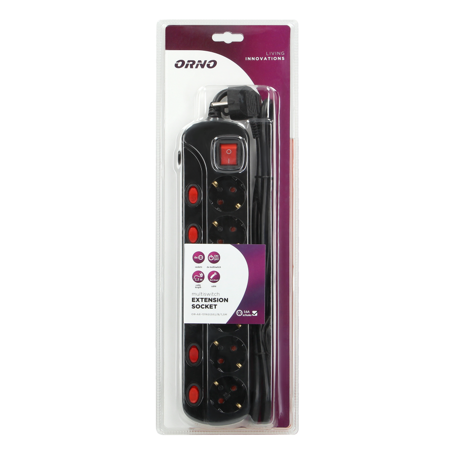 Listwa zasilająca "Multiswitch", 6 gniazd 2P+Z (Schuko), kabel 3x1,0mm², długość 1,5m. Wyłącznik termiczny. 10A/230 VAC, czarny