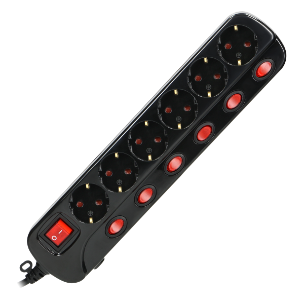 Multiswitch power strip with 6 2P+E sockets (Schuko type), cable 3x1mm², 1.5m long. Thermal protection switch, 10A/230 VAC, black