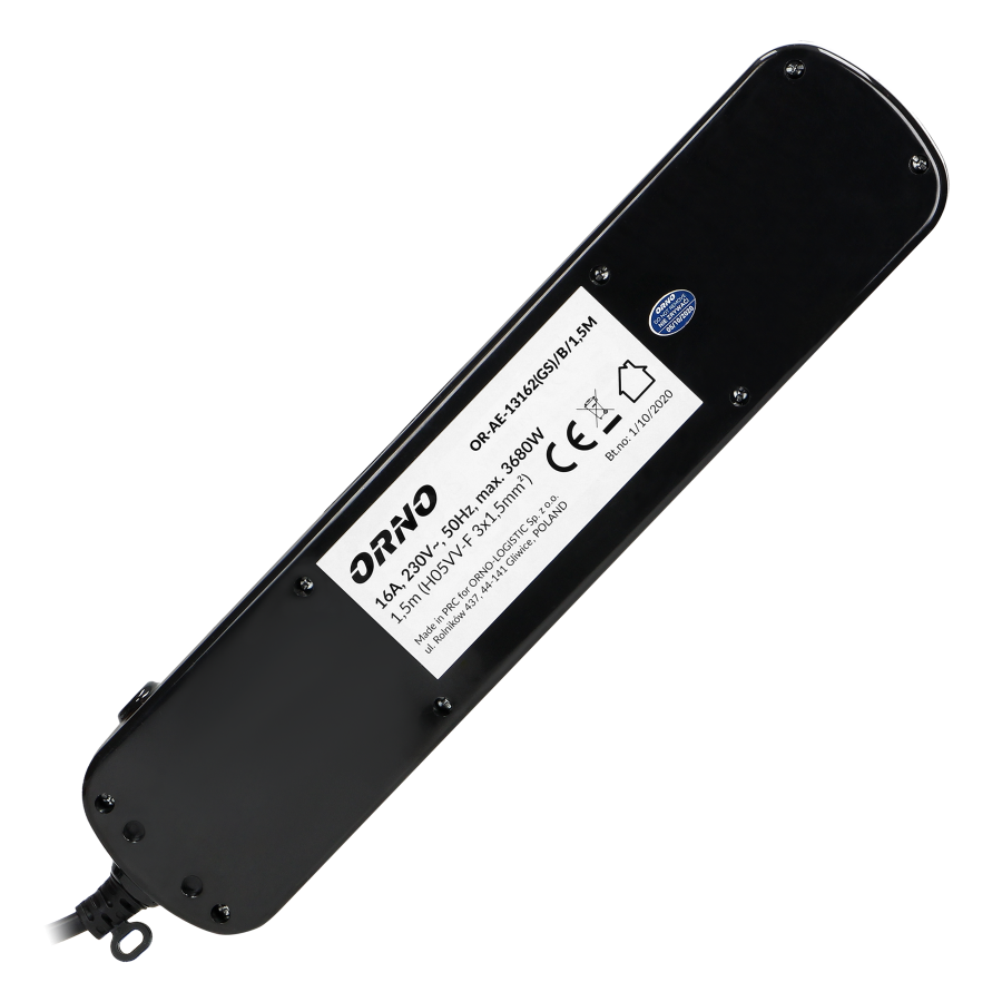 Multiswitch power strip with 6 2P+E sockets (Schuko type), cable 3x1mm², 1.5m long. Thermal protection switch, 10A/230 VAC, black