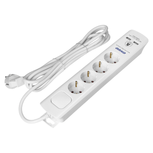Power strip with surge protection, 4 sockets 2P+E (Schuko), 3x1.0mm2 cable, 3m long, with a two-way backlit switch, 16A / 230 VAC, surge protector type 3, 2xUSB 2.1A charger,