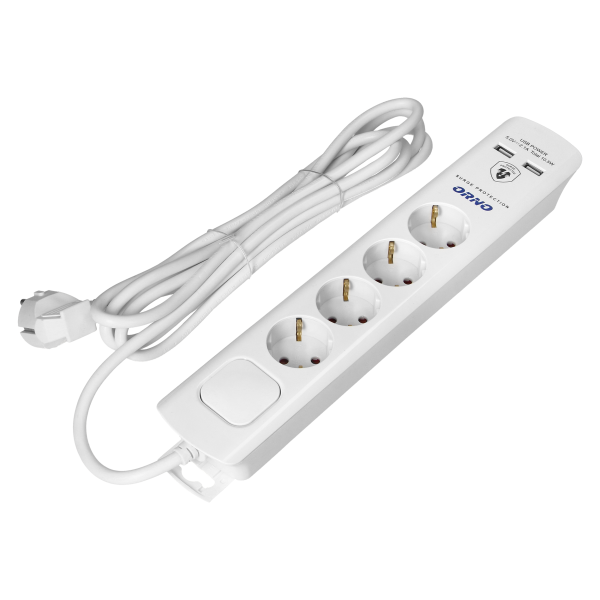 Power strip with surge protection, 4 sockets 2P+E (Schuko), 3x1.0mm2 cable, 3m long, with a two-way backlit switch, 16A / 230 VAC, surge protector type 3, 2xUSB 2.1A charger,
