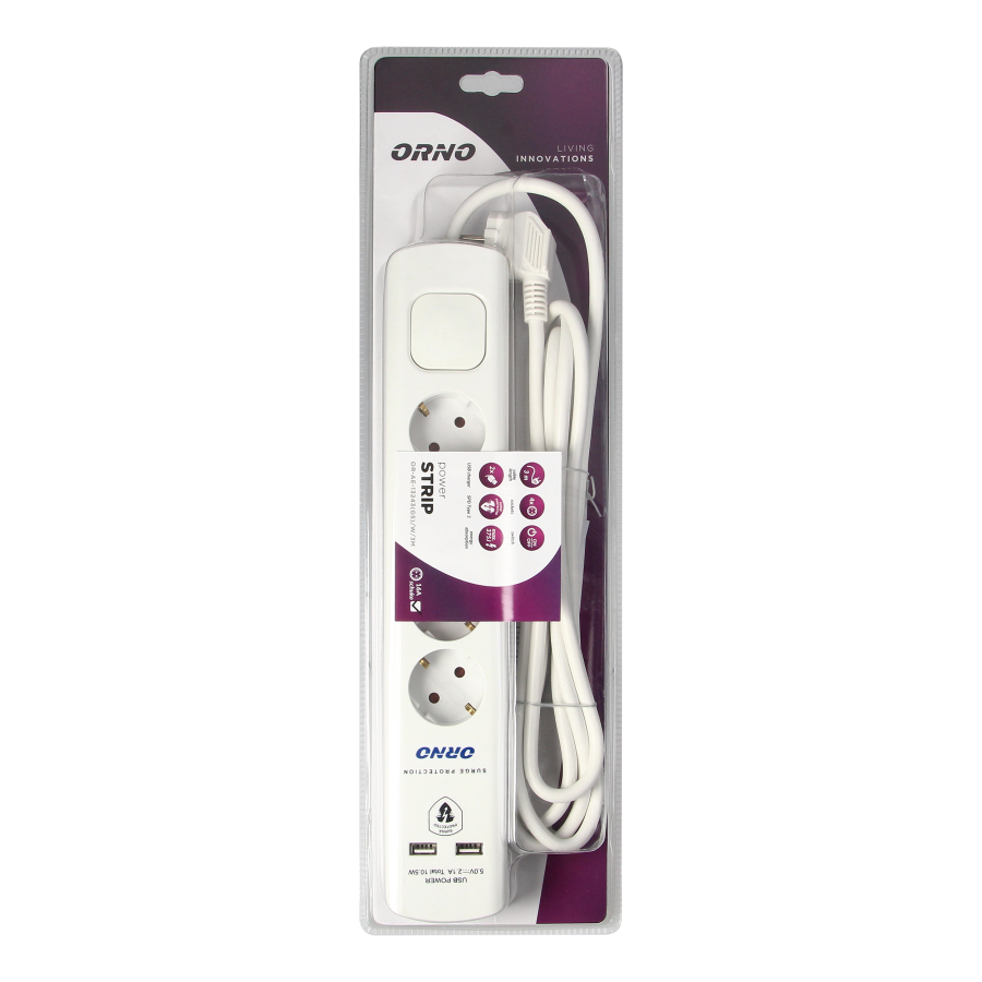 Power strip with surge protection, 4 sockets 2P+E (Schuko), 3x1.0mm2 cable, 3m long, with a two-way backlit switch, 16A / 230 VAC, surge protector type 3, 2xUSB 2.1A charger,