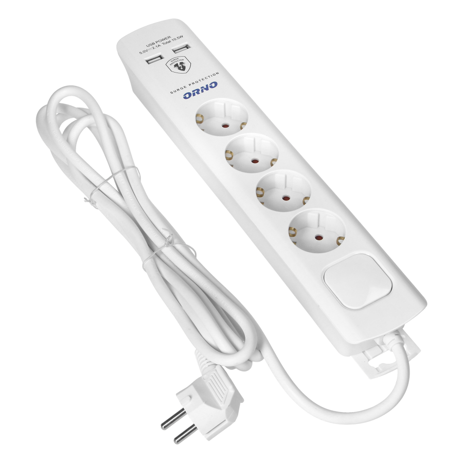 Listwa przeciwprzepięciowa, 4 gniazda 2P+Z (Schuko), kabel 3x1,0mm2, 3m, z wyłącznikiem podświetlanym dwutorowym. 16A/230 VAC, Ochronnik przeciwprzepięciowy Typ 3, Ładowarka 2xUSB 2,1A, biała