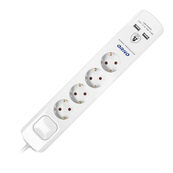 Power strip with surge protection, 4 sockets 2P+E (Schuko), 3x1.0mm2 cable, 3m long, with a two-way backlit switch, 16A / 230 VAC, surge protector type 3, 2xUSB 2.1A charger,