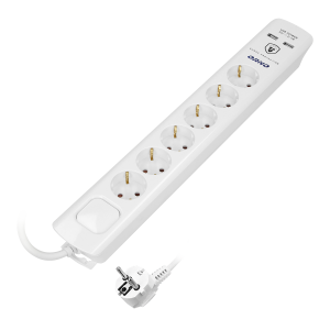 Power strip with surge protection and main switch, 6 schuko sockets, 2 USB chargers, cable 3x1mm², 3m long