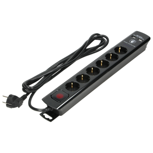 Listwa przeciwprzepięciowa, 6 gniazd 2P+Z (Schuko), kabel 3x1,5mm², długość 3m, czarna, 16A/230 VAC, z ochronnikiem przeciwprzepięciowym - typ 3, ładowarką 2xUSB 2,1A.