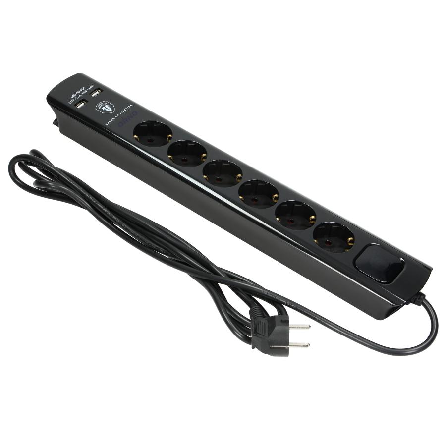 Listwa przeciwprzepięciowa, 6 gniazd 2P+Z (Schuko), kabel 3x1,5mm², długość 3m, czarna, 16A/230 VAC, z ochronnikiem przeciwprzepięciowym - typ 3, ładowarką 2xUSB 2,1A.
