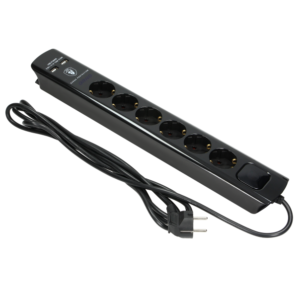 Power strip with surge protection and main switch, 6 sockets 2P+E (Schuko type), 2 USB chargers 2.1A., cable 3x1.5mm², 3m long, black