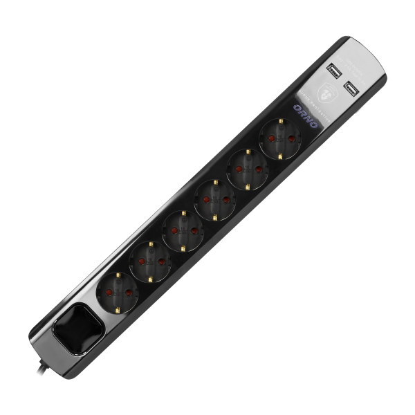 Power strip with surge protection and main switch, 6 sockets 2P+E (Schuko type), 2 USB chargers 2.1A., cable 3x1.5mm², 3m long, black
