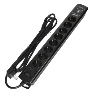Listwa przeciwprzepięciowa, 8 gniazd 2P+Z (Schuko), kabel 3x1,5mm2, 3m, z wyłącznikiem podświetlanym dwutorowym. 16A/230 VAC, Ochronnik przeciwprzepięciowy Typ 3, Ładowarka 2xUSB 2,1A, czarny