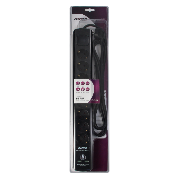 Power strip with surge protection, 8 sockets 2P+E (Schuko), 3x1.5mm2 cable, 3m long, with a two-way backlit switch, 16A / 230 VAC, surge protector type 3, 2xUSB 2.1A charger, black