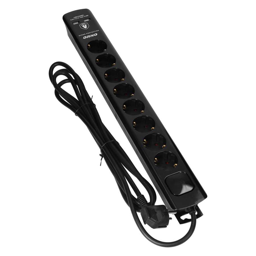 Listwa przeciwprzepięciowa, 8 gniazd 2P+Z (Schuko), kabel 3x1,5mm2, 3m, z wyłącznikiem podświetlanym dwutorowym. 16A/230 VAC, Ochronnik przeciwprzepięciowy Typ 3, Ładowarka 2xUSB 2,1A, czarny
