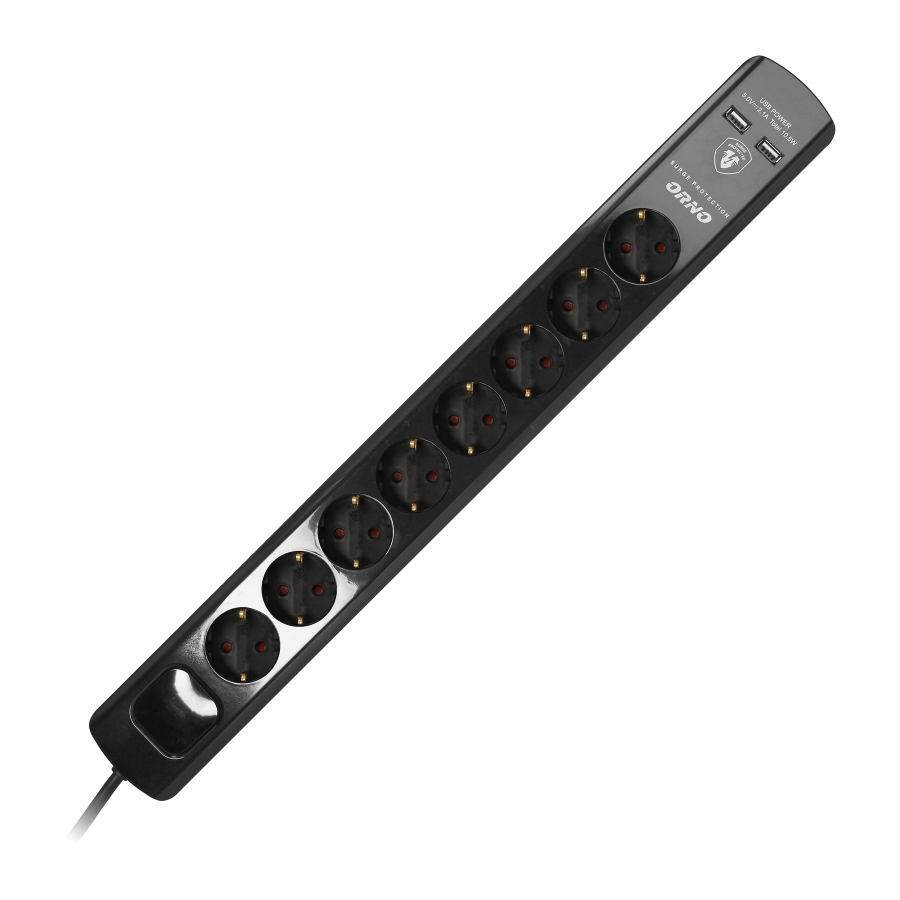 Listwa przeciwprzepięciowa, 8 gniazd 2P+Z (Schuko), kabel 3x1,5mm2, 3m, z wyłącznikiem podświetlanym dwutorowym. 16A/230 VAC, Ochronnik przeciwprzepięciowy Typ 3, Ładowarka 2xUSB 2,1A, czarny