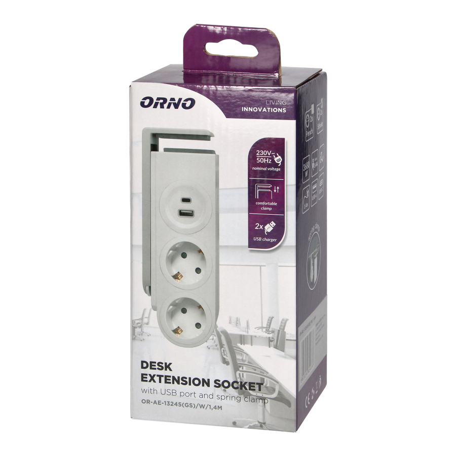 Desk power strip with USB charger and spring clip, Schuko version