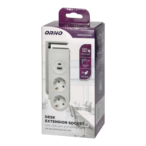 Desk power strip with USB charger and spring clip, Schuko version