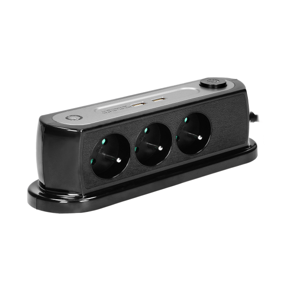 Desktop power strip with surge protection and 2xUSB charger, central switch, 3x2P+E sockets, cable length 1.4m