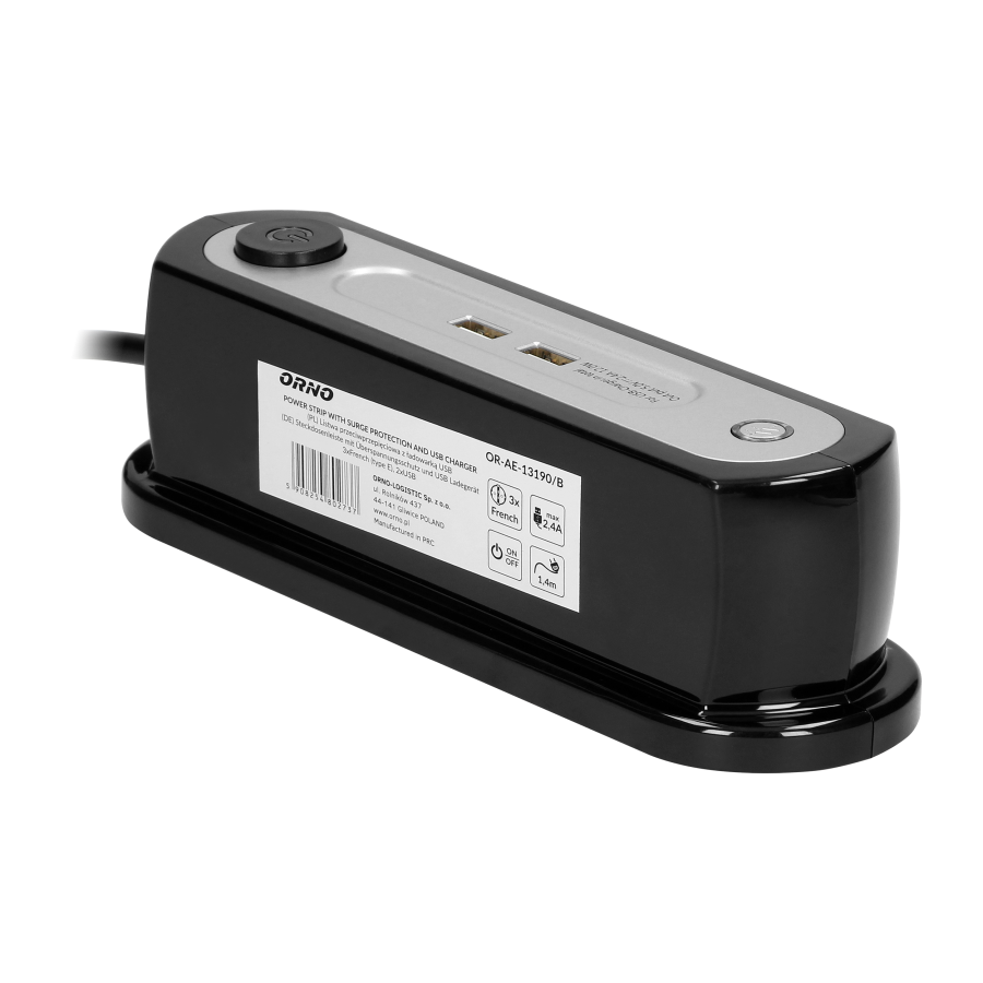 Listwa zasilająca nabiurkowa z wyłącznikiem 3x2P+Z, ładowarka 2xUSB 2.4A, ogranicznik przepięć TYP 3, kabel H05VV-F 3x1,5, długość 1,4m , czarny