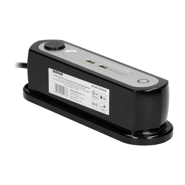 Desktop power strip with surge protection and 2xUSB charger, central switch, 3x2P+E sockets, cable length 1.4m