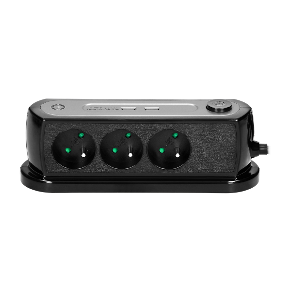 Desktop power strip with surge protection and 2xUSB charger, central switch, 3x2P+E sockets, cable length 1.4m