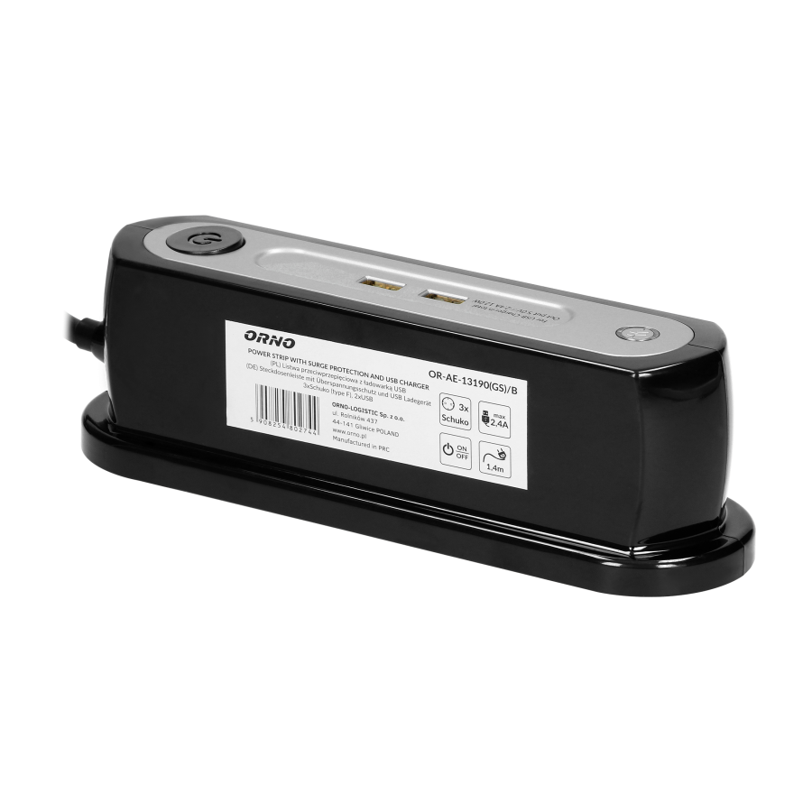 Listwa zasilająca nabiurkowa z wyłącznikiem 3x2P+Z(schuko), ładowarka 2xUSB 2.4A, ogranicznik przepięć TYP 3, kabel H05VV-F 3x1,5, długość 1,4m , czarny