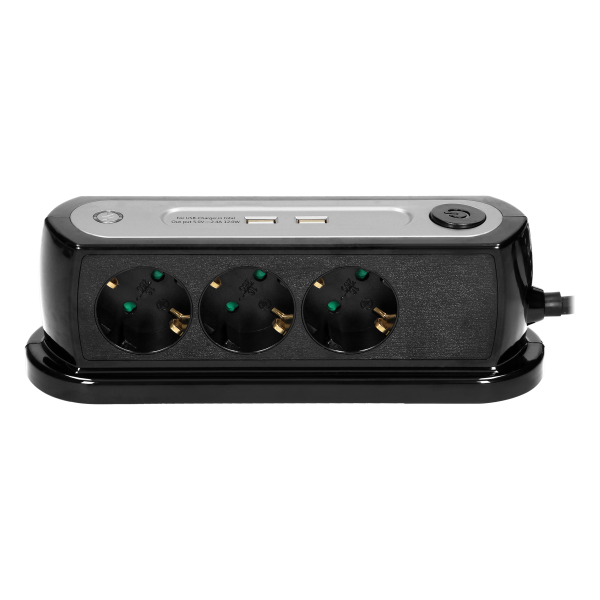Desktop power strip with surge protection and 2xUSB charger, central switch, 3x2P+E (schuko) sockets, cable length 1.4m