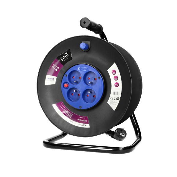 Przedłużacz bębnowy, 4 gniazda 2P+Z, kabel PVC H05VV-F 3x1,5mm², długość 50m, termik, przesłony torów prądowych.