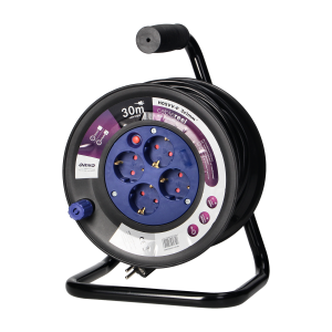 Przedłużacz bębnowy, 4 gniazda 2P+Z (Schuko), kabel PVC H05VV-F 3x1.0mm², długość - 30m, termik, przesłony torów prądowych.