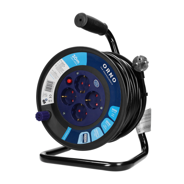 Przedłużacz bębnowy, 4 gniazda 2P+Z (schuko), kabel PVC H05VV-F 3x1.5mm², długość - 30m, termik, przesłony torów prądowych.