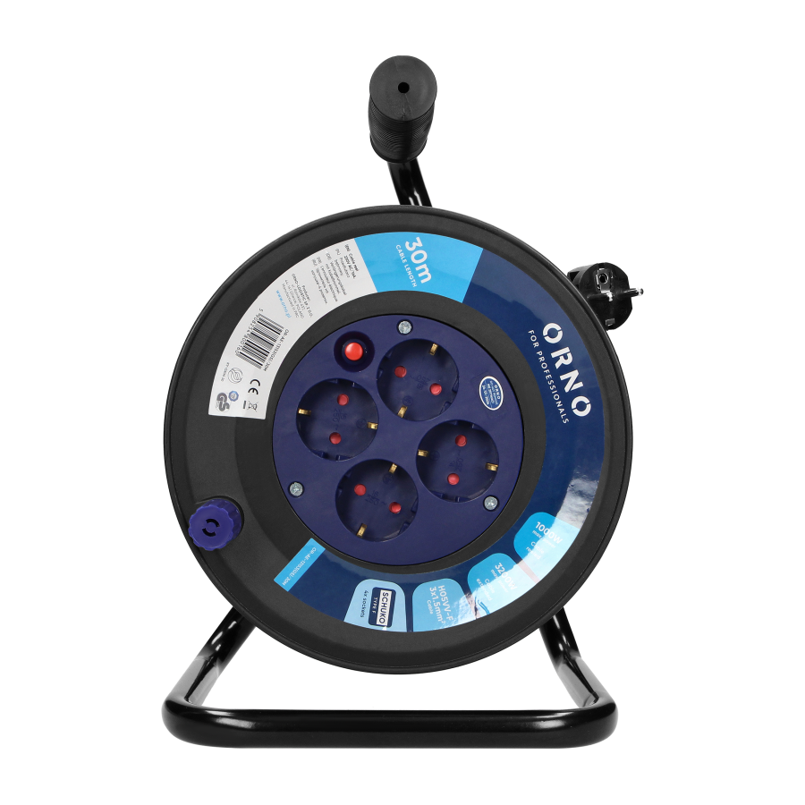 Przedłużacz bębnowy, 4 gniazda 2P+Z (schuko), kabel PVC H05VV-F 3x1.5mm², długość - 30m, termik, przesłony torów prądowych.