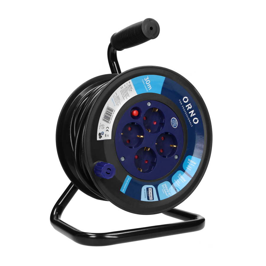 Cable reel with 4 sockets, PVC, H05VV-F 3x1.5mm² - 30m, 4x2P+E (Schuko), thermal switch