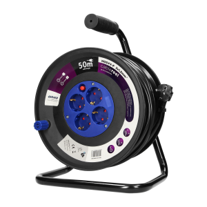 Przedłużacz bębnowy, 4 gniazda 2P+Z (schuko), kabel PVC H05VV-F 3x1.5mm², długość - 50m, termik, przesłony torów prądowych.