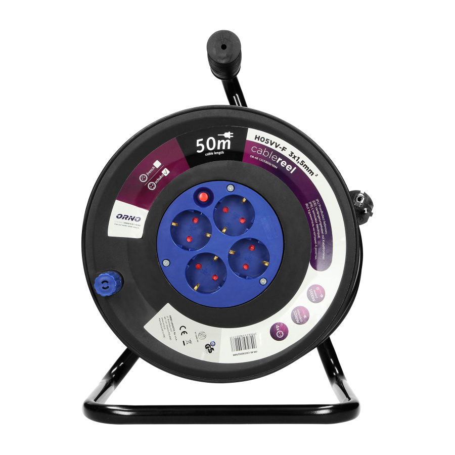Cable reel with 4 sockets, PVC, H05VV-F 3x1.5mm² - 50m, 4x2P+E (Schuko), thermal switch