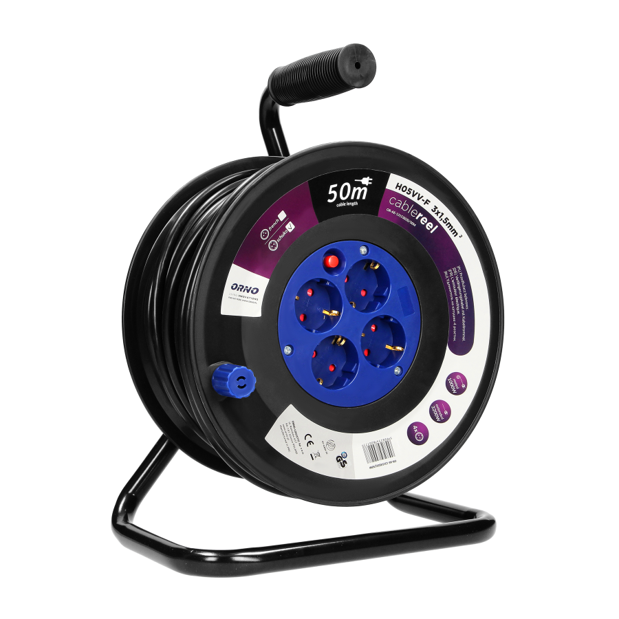 Cable reel with 4 sockets, PVC, H05VV-F 3x1.5mm² - 50m, 4x2P+E (Schuko), thermal switch