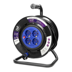 Przedłużacz bębnowy, 4 gniazda 2P+Z (schuko), kabel PVC H05VV-F 3x1,5mm², długość - 25m, STAŁE GNIAZDA, termik, przesłony torów prądowych.