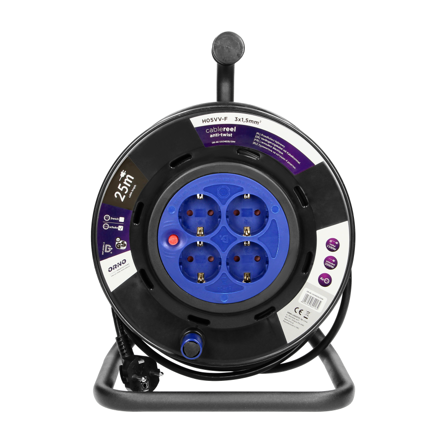 Cable reel PVC, H05VV-F 3X1.5mm² - 25M, 4 fixed Schuko sockets