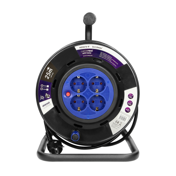 Cable reel PVC, H05VV-F 3X1.5mm² - 25M, 4 fixed Schuko sockets