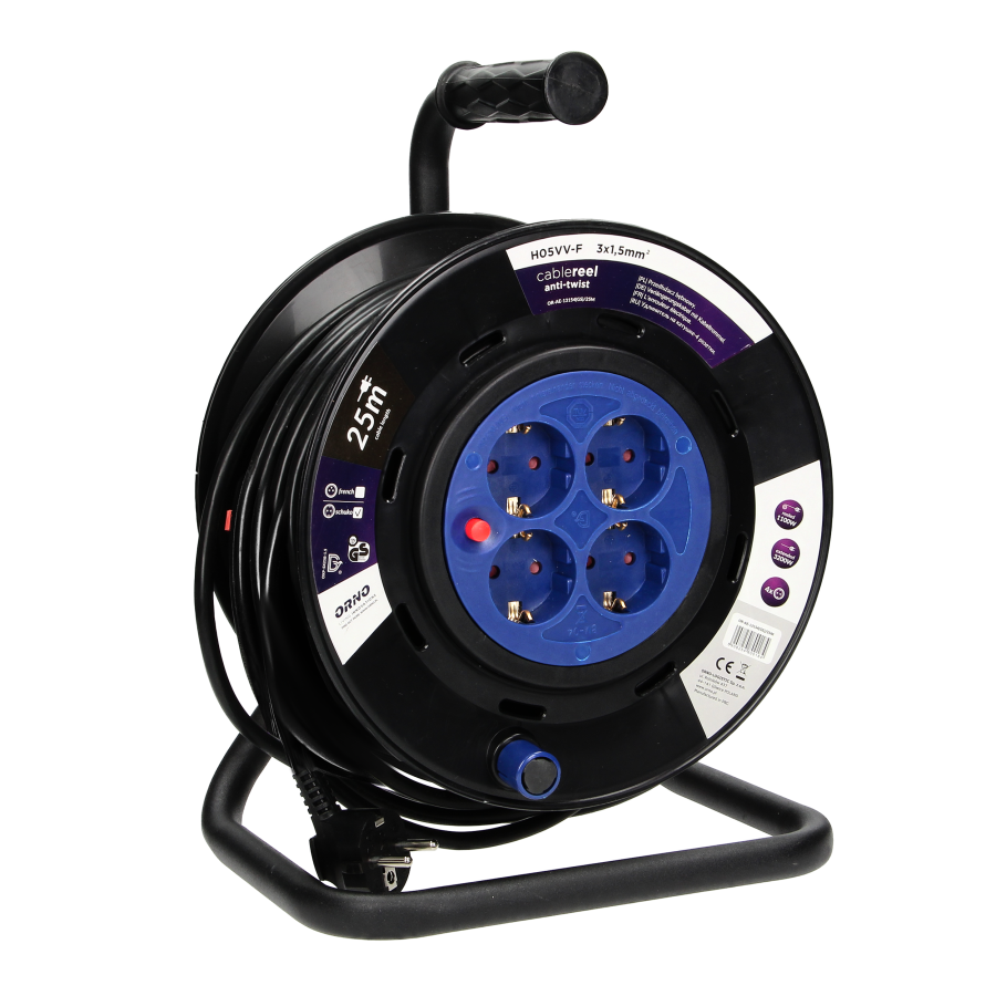 Cable reel PVC, H05VV-F 3X1.5mm² - 25M, 4 fixed Schuko sockets
