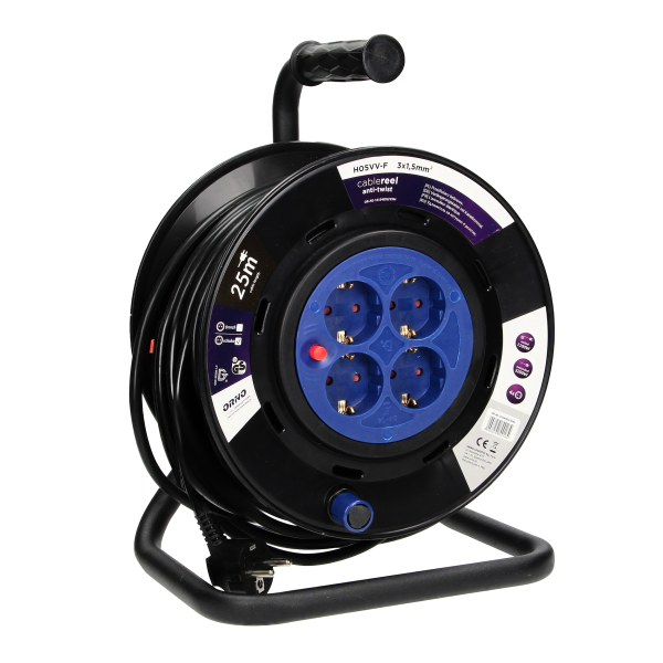 Przedłużacz bębnowy, 4 gniazda 2P+Z (schuko), kabel PVC H05VV-F 3x1,5mm², długość - 25m, STAŁE GNIAZDA, termik, przesłony torów prądowych.