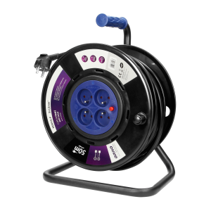 Przedłużacz bębnowy, 4 gniazda 2P+Z, kabel PVC H05VV-F 3x1,5mm², długość - 50m, STAŁE GNIAZDA, termik, przesłony torów prądowych.