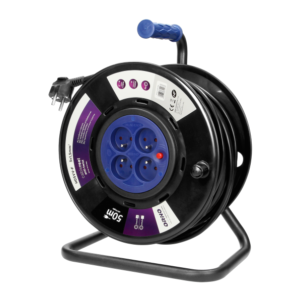 Przedłużacz bębnowy, 4 gniazda 2P+Z, kabel PVC H05VV-F 3x1,5mm², długość - 50m, STAŁE GNIAZDA, termik, przesłony torów prądowych.